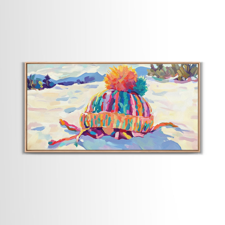Striped Knit Hat In Snow Canvas Print, Cozy Winter Wall Art, Colorful Nursery Decor, Mountain Landscape, Housewarming Gift