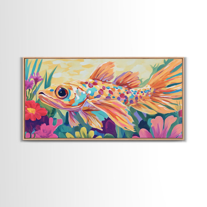 Colorful Goldfish Swimming Through Flowers Canvas Print, Whimsical Animal Wall Art, Ocean Nursery Decor, Bright Bathroom Art