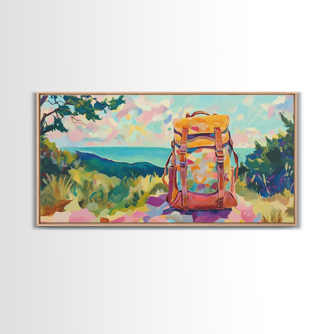 Floral Backpack Coastal Landscape Wall Art, Travel Inspired Art Print, Hiking Gift, Beach House Decor, Modern Nature Wall Decor