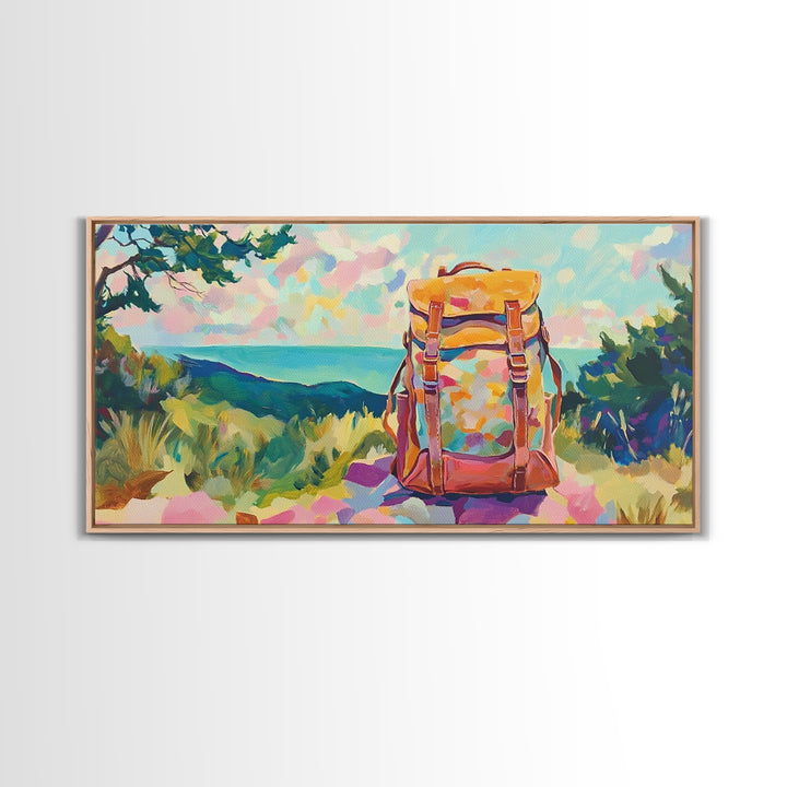 Floral Backpack Coastal Landscape Wall Art, Travel Inspired Art Print, Hiking Gift, Beach House Decor, Modern Nature Wall Decor