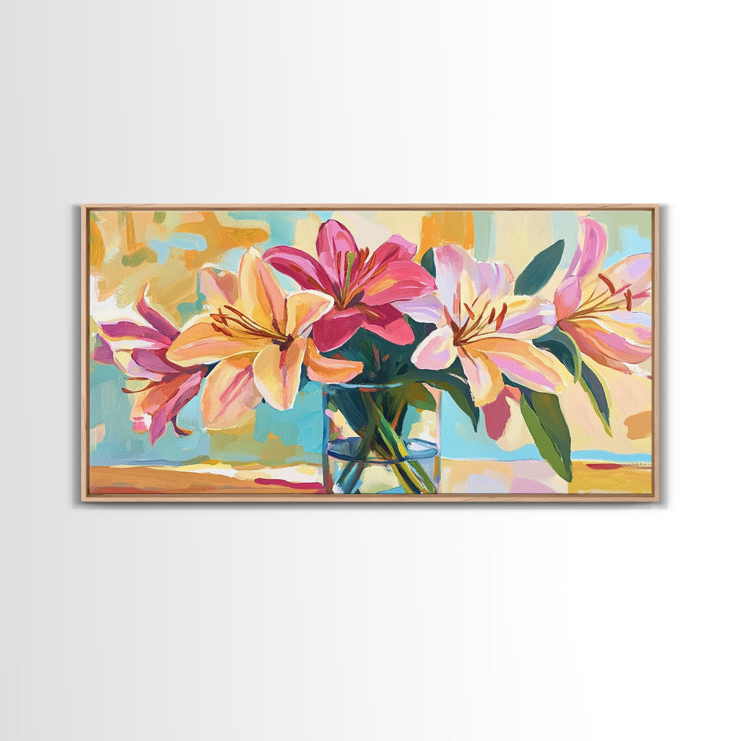 Pink Lilies In Glass Vase Framed Canvas Print, Floral Wall Art, Botanical Decor, Feminine Living Room Wall Decor, Gift For Her