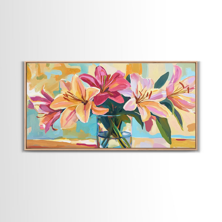Pink Lilies In Glass Vase Framed Canvas Print, Floral Wall Art, Botanical Decor, Feminine Living Room Wall Decor, Gift For Her