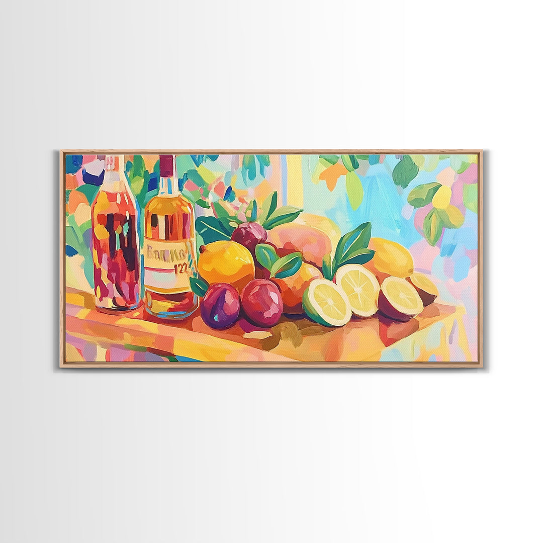Colorful Citrus And Wine Still Life Canvas Print, Bright Kitchen Wall Art, Fruit Art Print, Dining Room Decor, Housewarming Gift