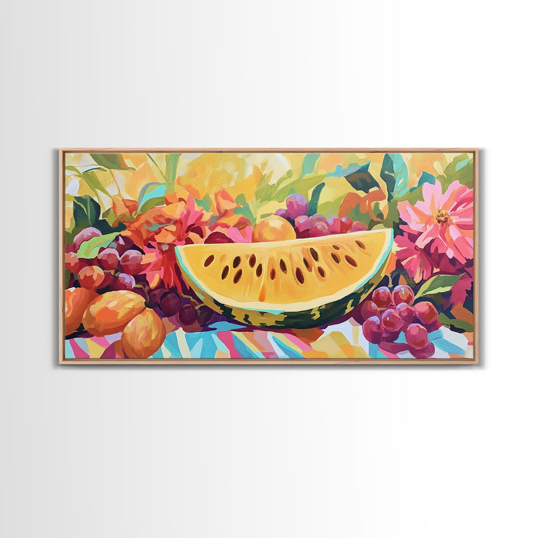 Sunny Watermelon And Summer Fruit Canvas Print, Colorful Kitchen Wall Art, Fruit Still Life, Dining Room Home Decor Gift