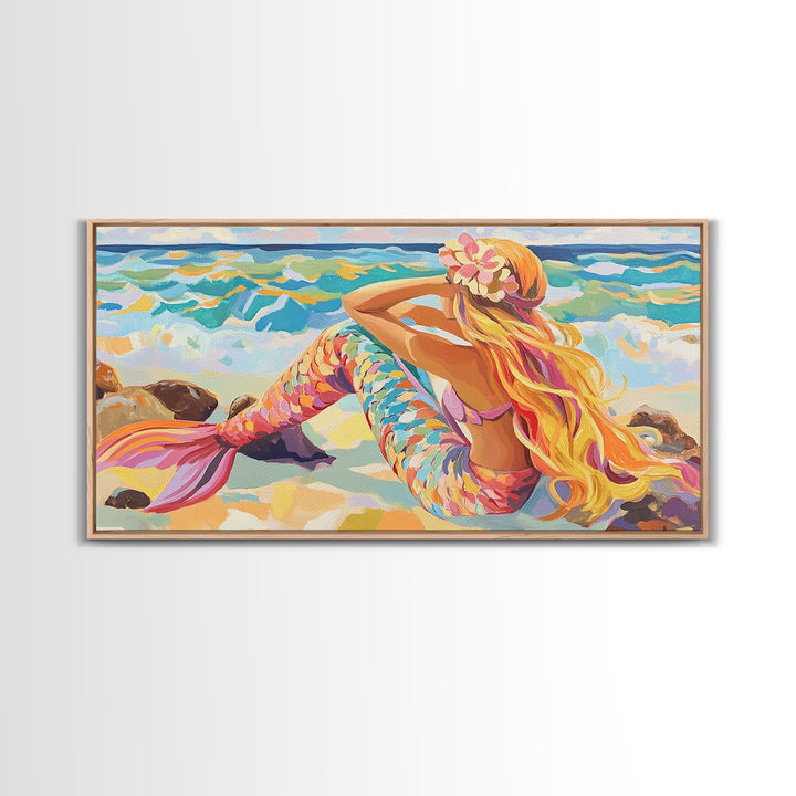 Blonde Mermaid On Sunny Beach Canvas Print, Fantasy Wall Art, Coastal Ocean Decor, Whimsical Nursery Or Bathroom Decor Gift