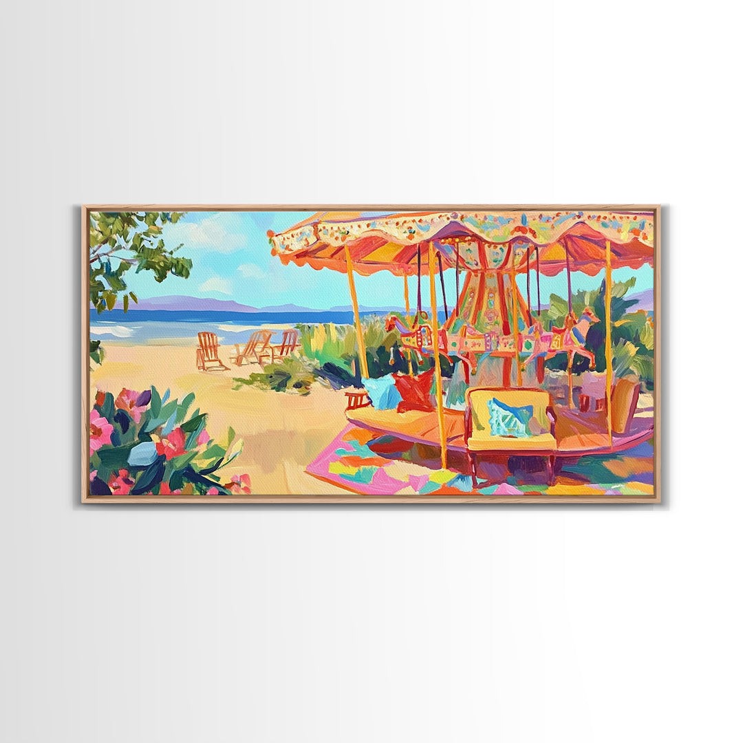 Beachside Carousel With Ocean Chairs Framed Canvas Print, Coastal Wall Art, Summer Beach Decor, Colorful Living Room Art