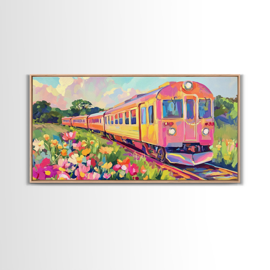 Pink Yellow Train Through Wildflower Meadow Framed Canvas Print, Colorful Wall Art, Travel Decor, Modern Landscape Art Print