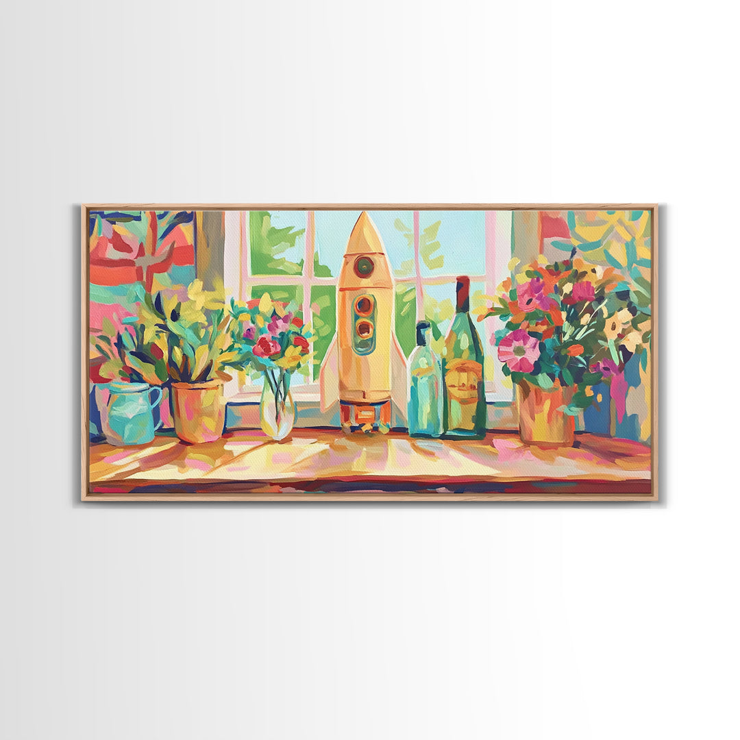 Retro Rocket On Sunny Windowsill With Plants Canvas Print, Space Wall Art, Kids Room Decor, Colorful Nursery Art Print Gift