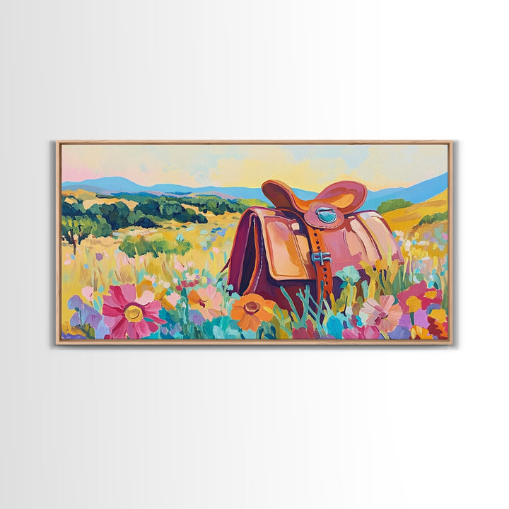 Western Saddle In Wildflower Meadow Wall Art, Cowgirl Canvas Print, Colorful Landscape Art, Rustic Ranch Home Decor Gift