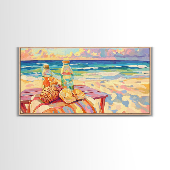 Beach Picnic With Croissants And Bottles Canvas Print, Coastal Wall Art, Ocean Seascape Art, Summer Kitchen Decor Gift For Her