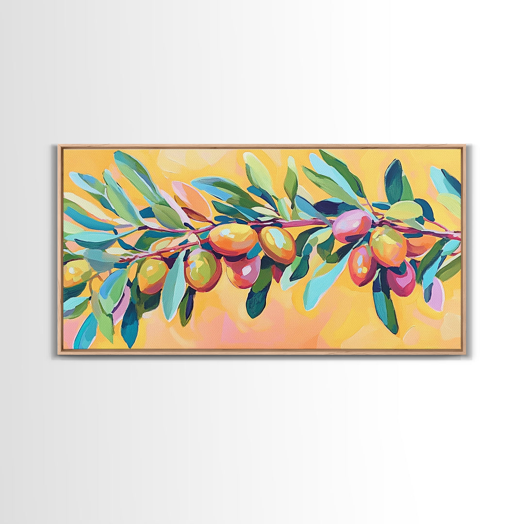 Olive Branch With Green Leaves And Golden Fruit Wall Art, Mediterranean Canvas Print, Botanical Kitchen Decor Gift For Her