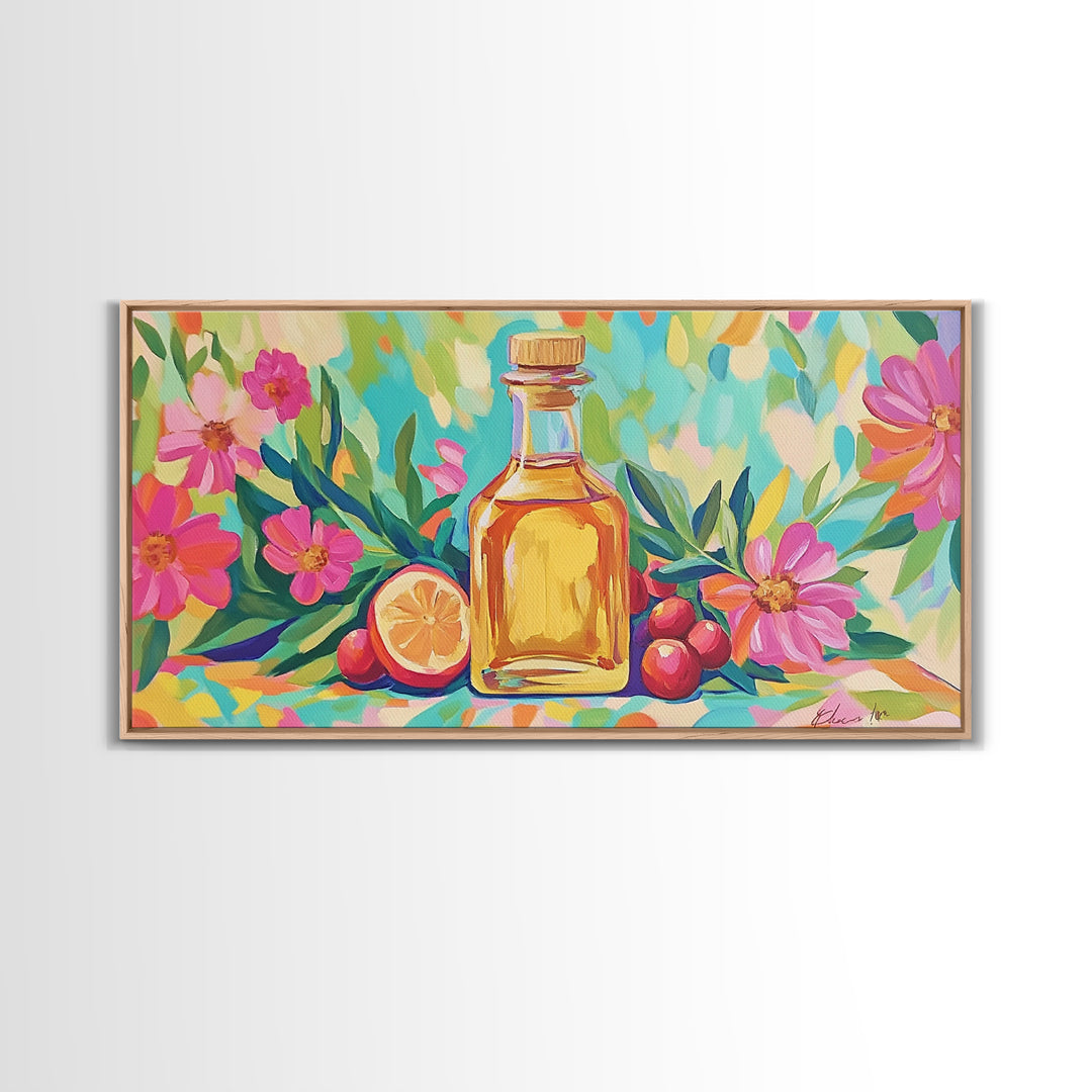 Olive Oil Bottle With Lemon And Pink Flowers Canvas Print, Mediterranean Wall Art, Botanical Kitchen Home Decor Gift For Her