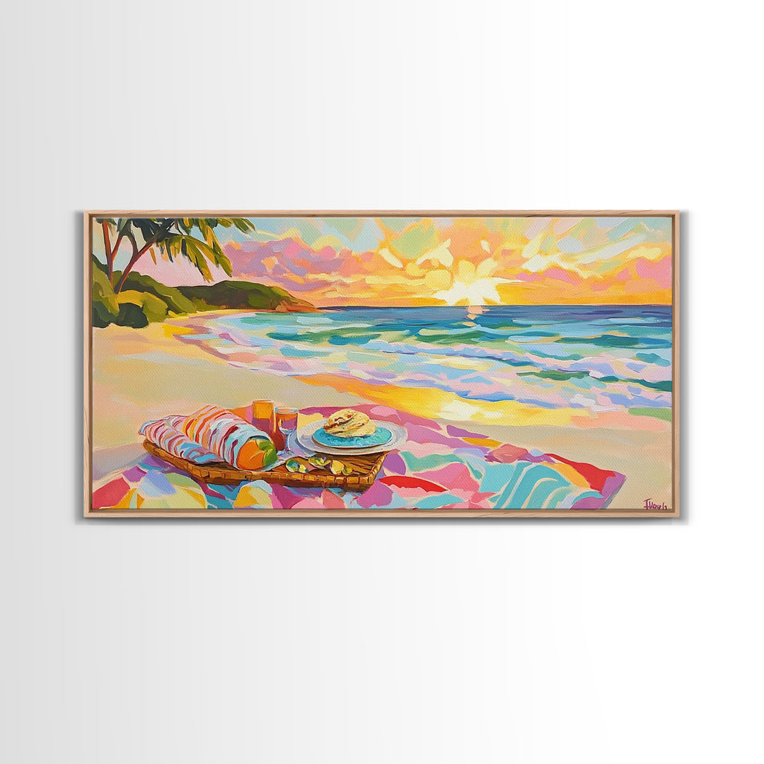 Tropical Beach Picnic At Sunset Canvas Print, Coastal Wall Art, Ocean Decor, Beach House Decor, Summer Wall Art, Gift For Her