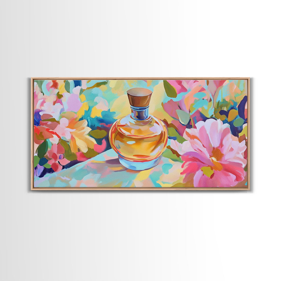 Elegant Perfume Bottle With Pink Daisy Canvas Print, Feminine Wall Art, Floral Wall Decor, Gift For Her, Romantic Decor Print