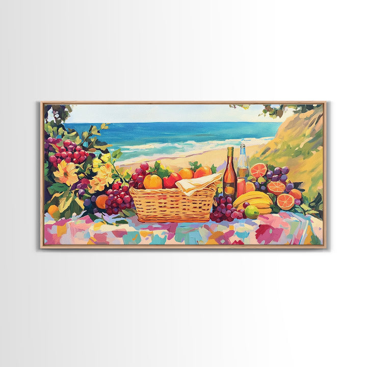 Seaside Picnic Basket Framed Canvas Print, Coastal Wall Art, Fruit And Wine Still Life, Beach House Kitchen Decor Gift For Her