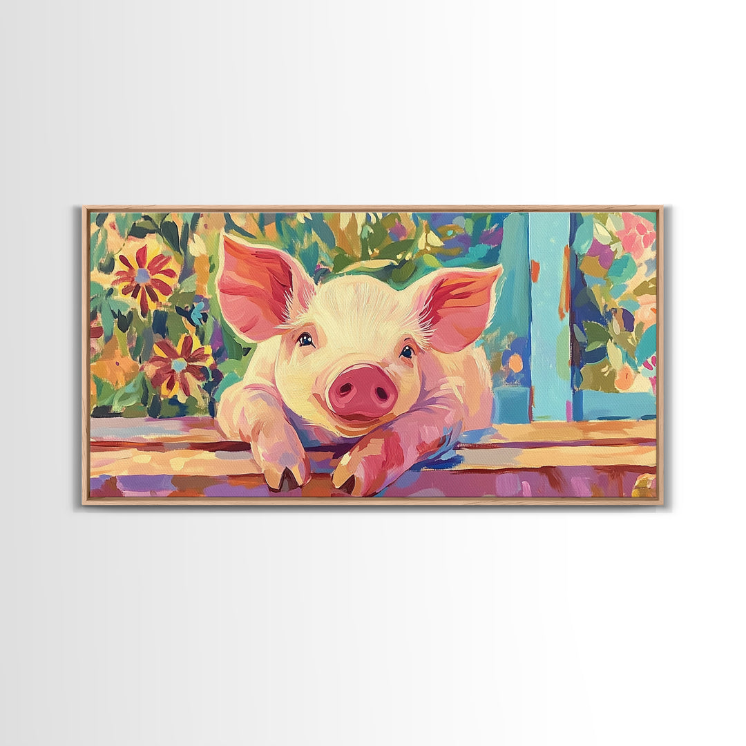 Piglet At Garden Fence Framed Canvas Print, Cute Farm Animal Wall Art, Floral Farmhouse Home And Nursery Decor, Gift For Her