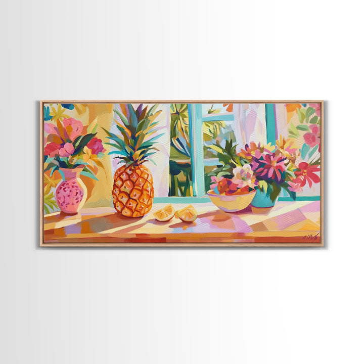 Pineapple And Tropical Flowers Canvas Print, Colorful Kitchen Wall Art, Summer Fruit Still Life, Coastal Home Decor Gift