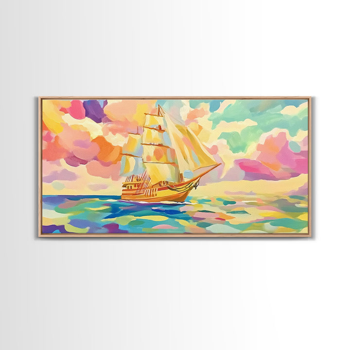 Pastel Sailboat On Turquoise Sea Canvas Print, Coastal Wall Art, Nautical Decor, Ocean Landscape, Beach House Gift For Living Room