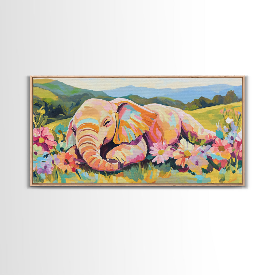 Sleeping Baby Elephant In Flower Meadow Framed Canvas Print, Safari Nursery Wall Art, Whimsical Animal Art, Kids Room Decor