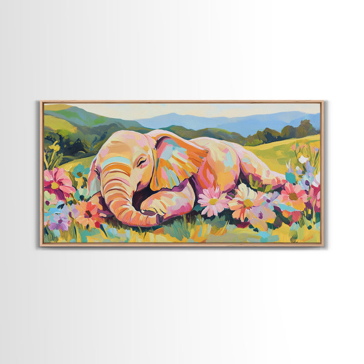 Sleeping Baby Elephant In Flower Meadow Framed Canvas Print, Safari Nursery Wall Art, Whimsical Animal Art, Kids Room Decor