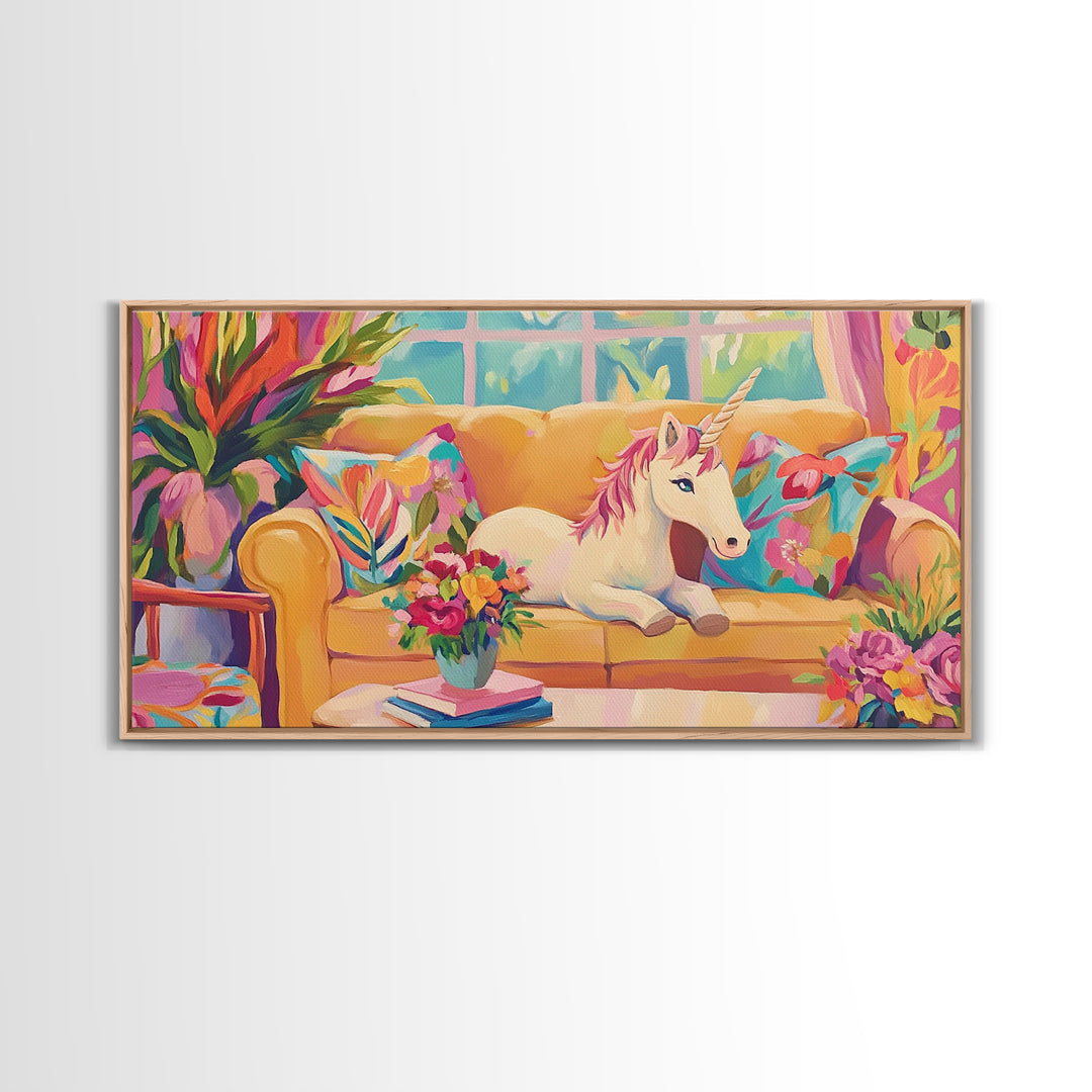White Unicorn Lounging On Yellow Sofa Wall Art, Whimsical Nursery Art Print, Girls Room Decor, Fantasy Home Decor, Unique Gift