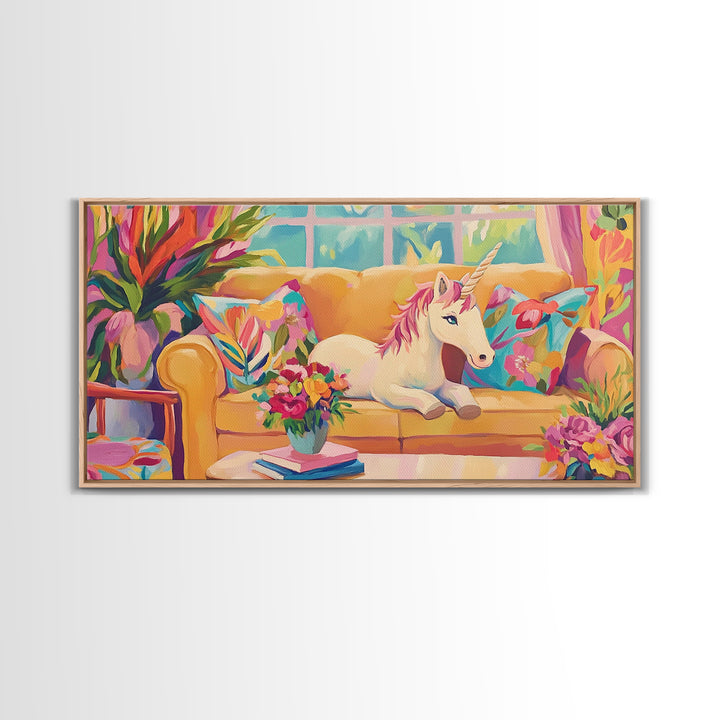 White Unicorn Lounging On Yellow Sofa Wall Art, Whimsical Nursery Art Print, Girls Room Decor, Fantasy Home Decor, Unique Gift