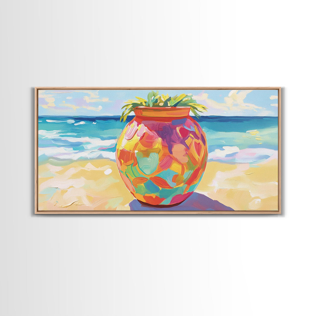 Painted Beach Planter With Ocean View Canvas Print, Coastal Wall Art, Tropical Beach House Decor, Colorful Summer Art Gift