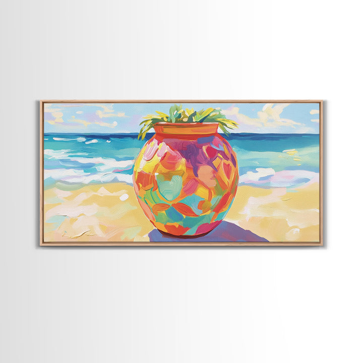 Painted Beach Planter With Ocean View Canvas Print, Coastal Wall Art, Tropical Beach House Decor, Colorful Summer Art Gift