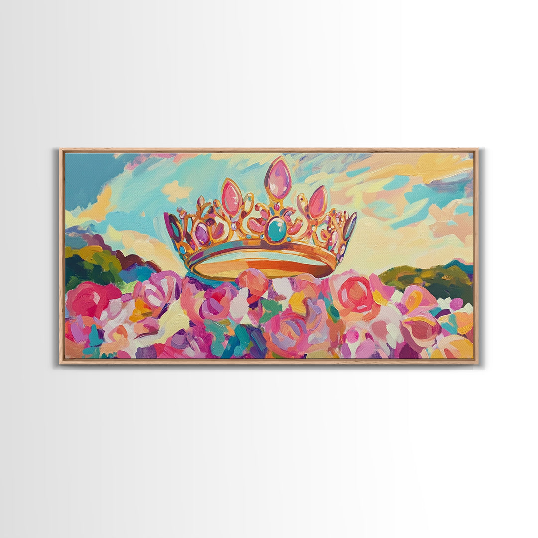 Jeweled Crown Over Pink Roses Canvas Print, Magical Princess Wall Art, Fairytale Nursery Decor, Whimsical Girls Room Gift