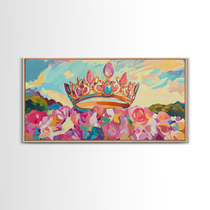Jeweled Crown Over Pink Roses Canvas Print, Magical Princess Wall Art, Fairytale Nursery Decor, Whimsical Girls Room Gift