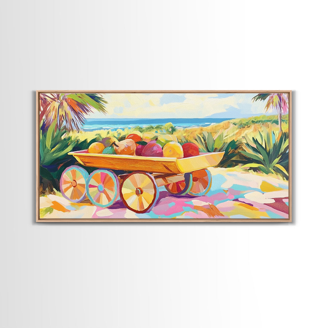 Tropical Fruit Cart By The Sea Canvas Print, Coastal Wall Art, Tropical Beach House Decor, Colorful Summer Kitchen Art Gift