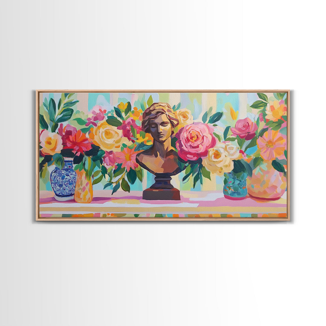 Classical Bust With Roses Framed Canvas Print, Floral Wall Art, Romantic Garden Decor, Feminine Living Room Art Gift For Her