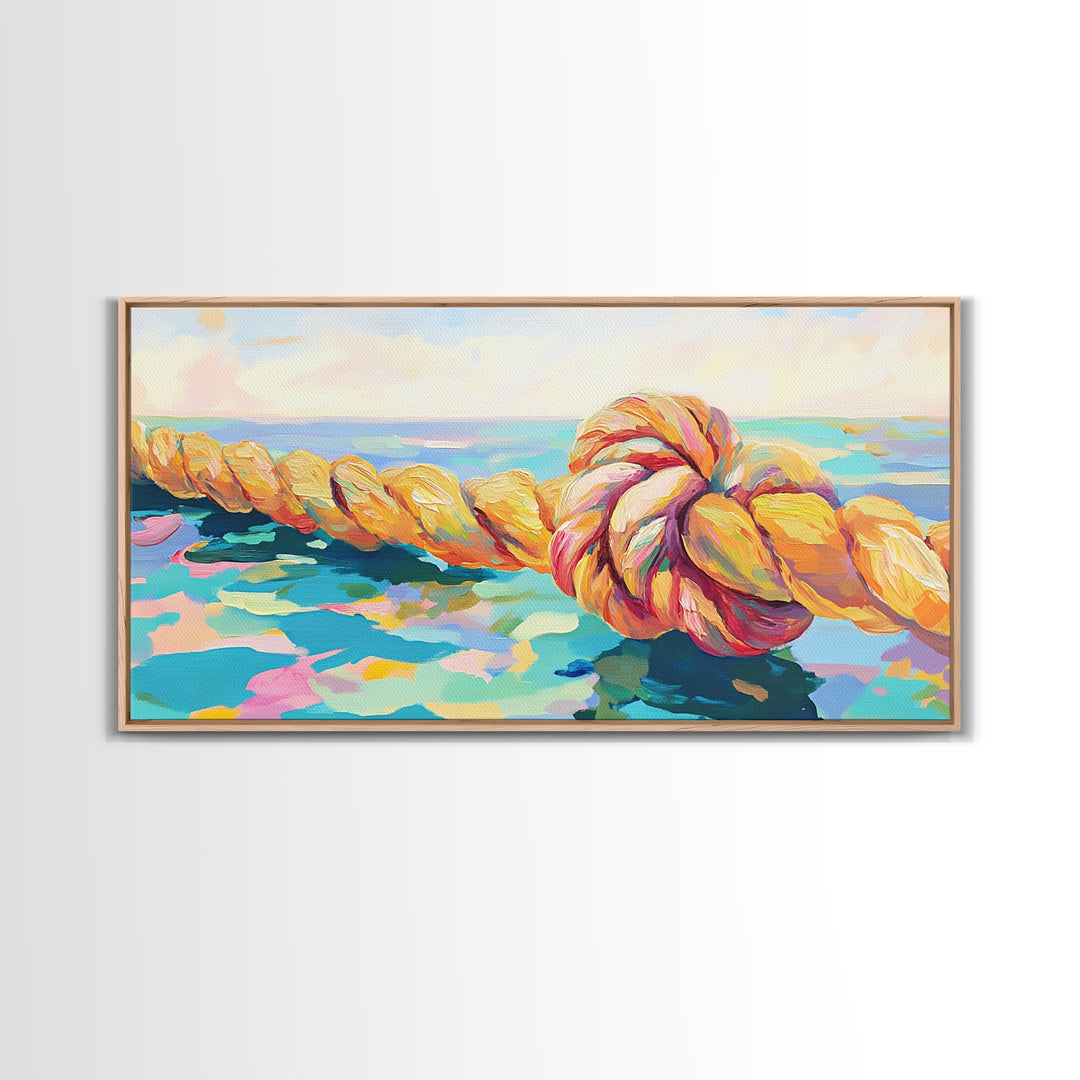 Nautical Rope Knot By Blue Sea Canvas Print, Coastal Wall Art, Ocean Beach House Decor, Lake House Living Room Decor Gift