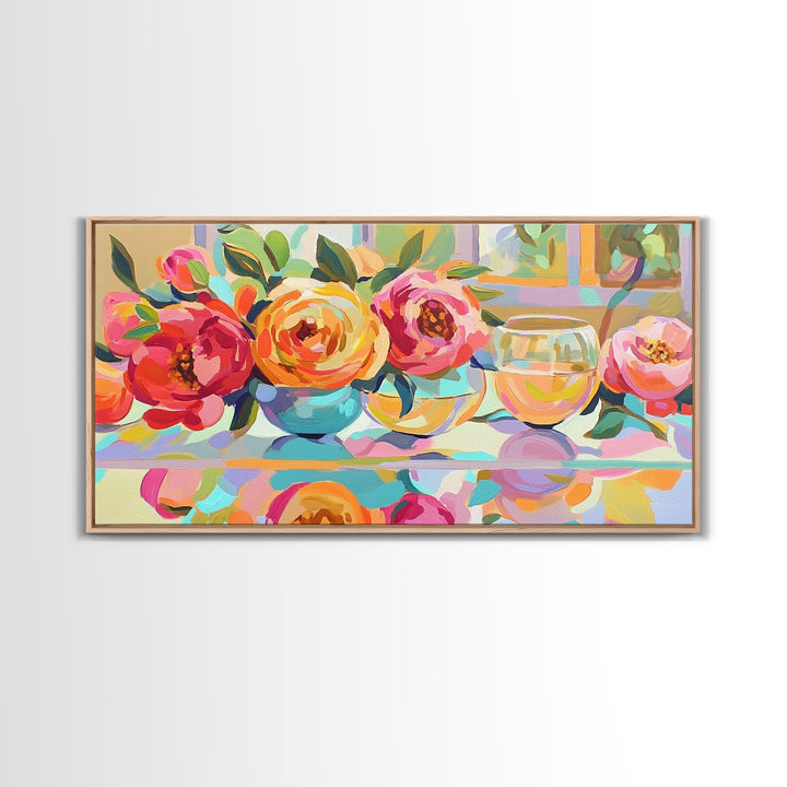 Pink Roses And White Wine Framed Canvas Print, Floral Still Life Wall Art, Romantic Kitchen Decor Gift For Her Dining Room Art