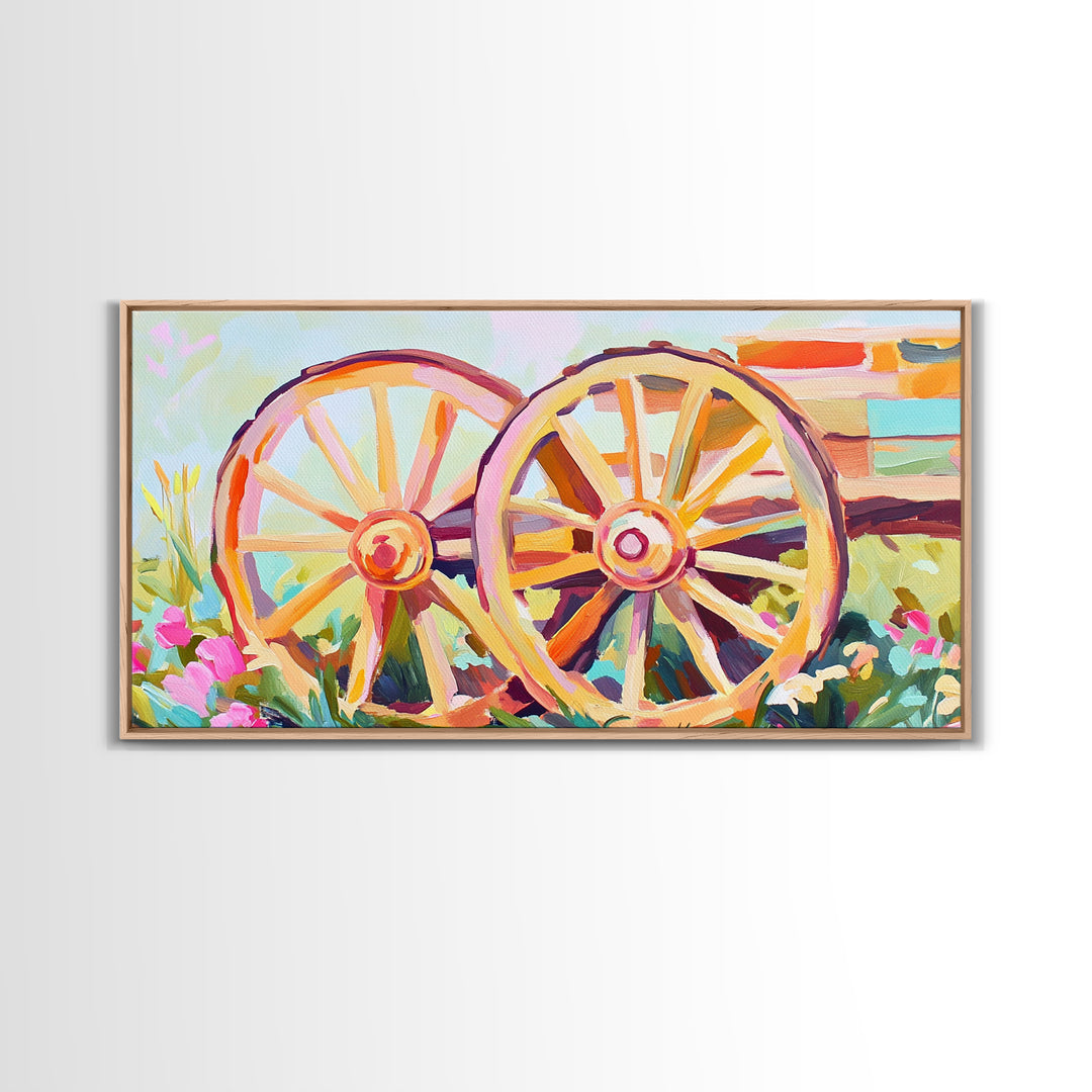 Rustic Wagon Wheels In Flower Garden Framed Canvas Print, Farmhouse Wall Art, Western Decor, Country Landscape Gift For Home