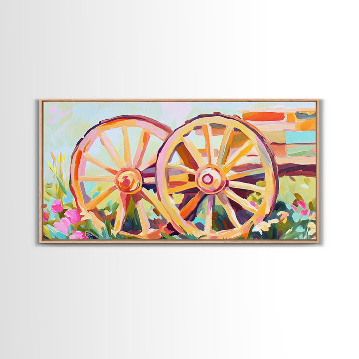 Rustic Wagon Wheels In Flower Garden Framed Canvas Print, Farmhouse Wall Art, Western Decor, Country Landscape Gift For Home