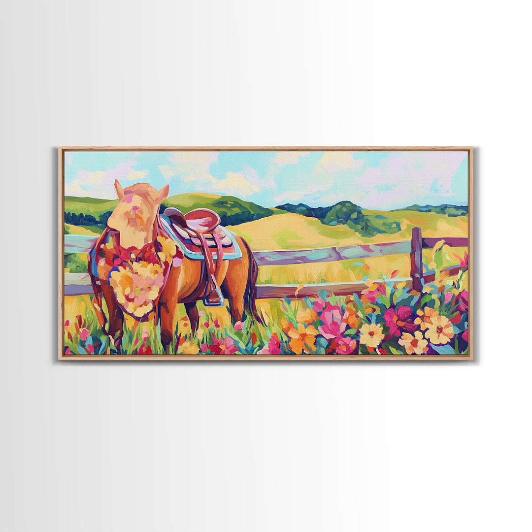Pasture Horse With Saddle And Wildflowers Framed Canvas Print, Western Wall Art, Country Farmhouse Decor, Horse Lover Gift