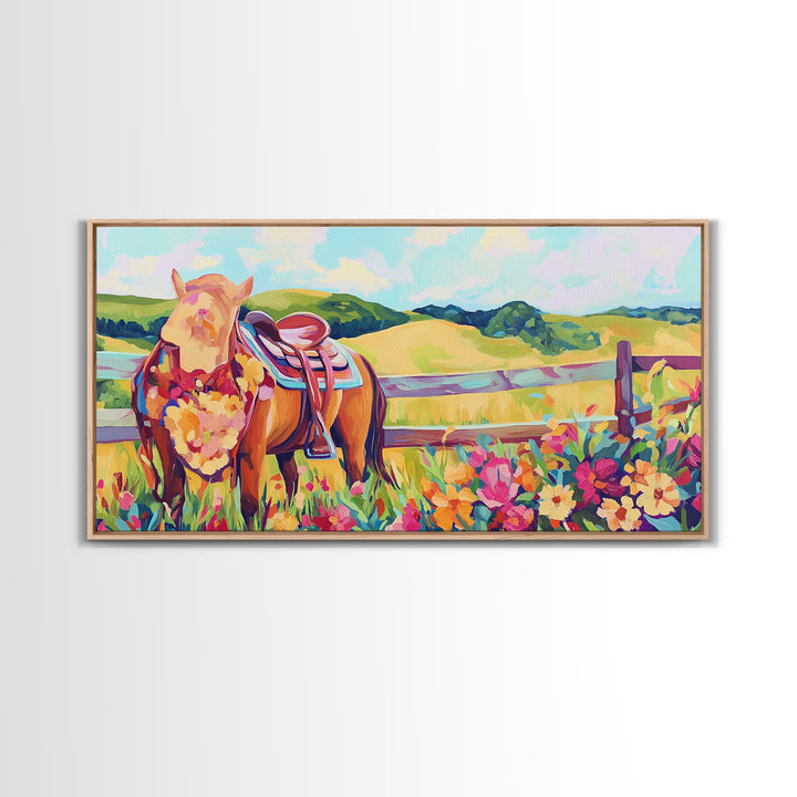 Pasture Horse With Saddle And Wildflowers Framed Canvas Print, Western Wall Art, Country Farmhouse Decor, Horse Lover Gift