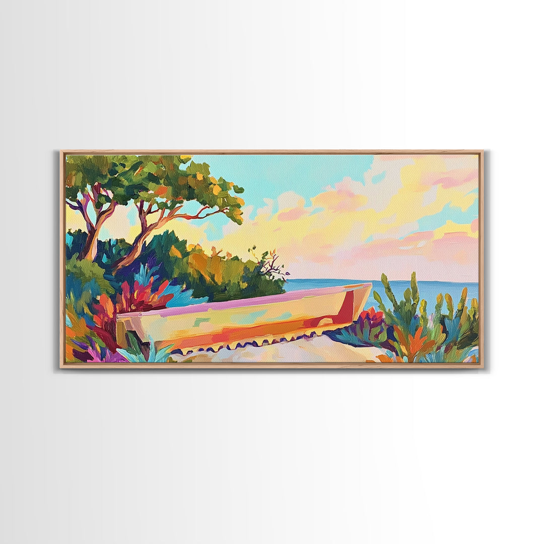 Pastel Garden Bench Overlooking Calm Sea Canvas Print, Coastal Wall Art, Mediterranean Decor, Serene Landscape For Living Room