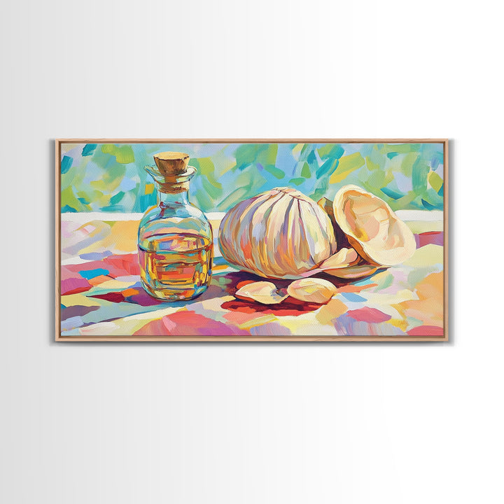 Garlic Bulb With Glass Oil Bottle And Shell Canvas Print, Kitchen Wall Art, Coastal Food Still Life Decor, Housewarming Gift