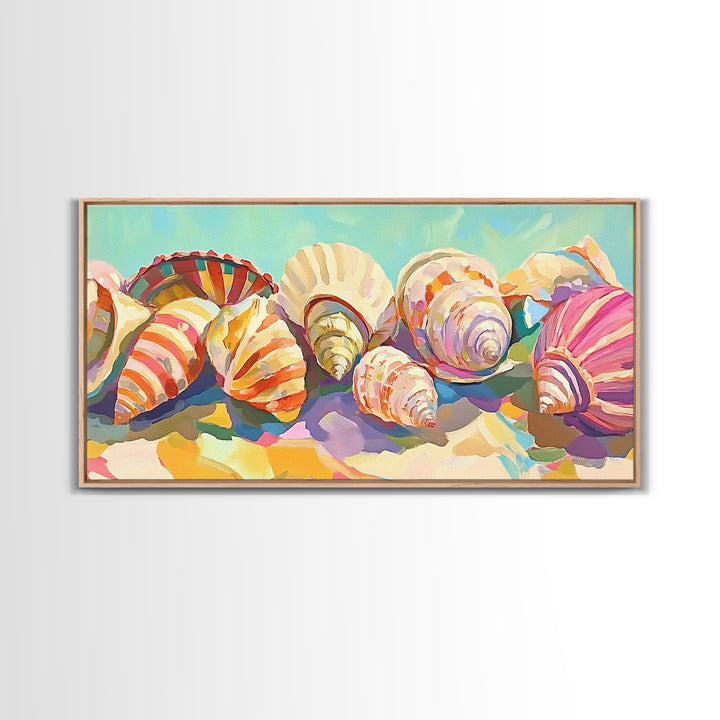 Rainbow Seashell Collection Beach Still Life Canvas Print, Coastal Wall Art, Nautical Home Decor, Colorful Beach House Gift