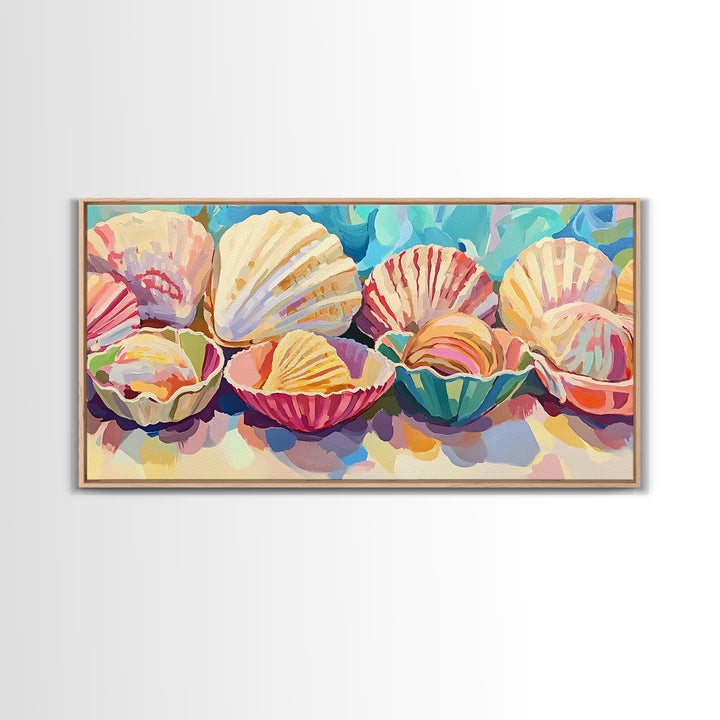 Colorful Scallop Shell Trio Still Life Wall Art, Coastal Bathroom Decor, Seashell Canvas Print, Beach House Gallery Art Print