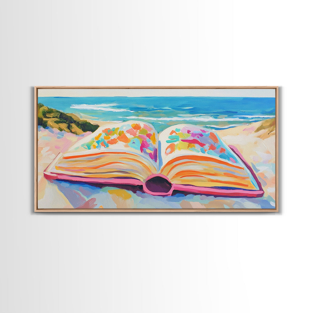Open Book On Sunny Beach Canvas Print, Coastal Wall Art, Beach House Decor, Ocean Landscape Art, Gift For Book Lover, Living Room Decor