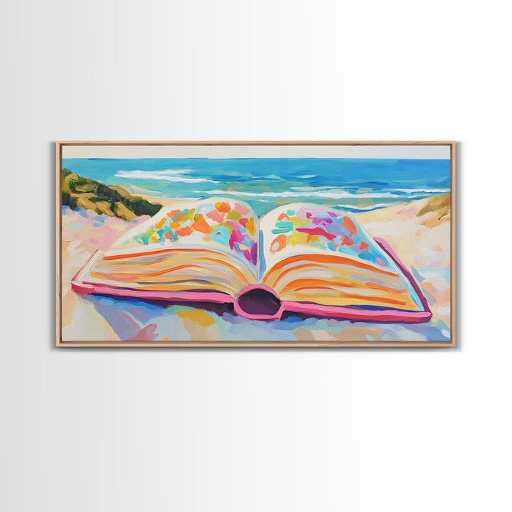 Open Book On Sunny Beach Canvas Print, Coastal Wall Art, Beach House Decor, Ocean Landscape Art, Gift For Book Lover, Living Room Decor