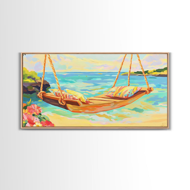 Tropical Beach Hammock Over Turquoise Water Canvas Print, Coastal Wall Art, Beach House Decor, Summer Living Room Decor Gift