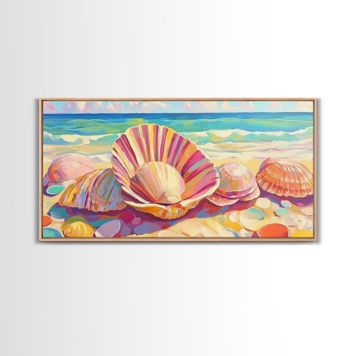 Pink Seashells On Sandy Beach Canvas Print, Coastal Wall Art, Beach House Decor, Ocean Wall Decor, Summer Gift For Her, Bathroom Decor