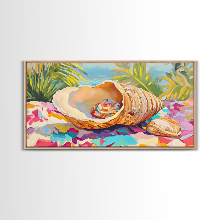 Colorful Seashell On Tropical Table Wall Art, Coastal Beach House Decor, Ocean Shell Canvas Print, Summer Nautical Gift Idea