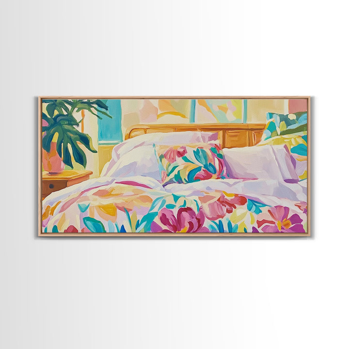 Bright Floral Bedding In Sunlit Bedroom Wall Art, Cozy Master Bedroom Decor, Tropical Canvas Print, Above Bed Gift For Her