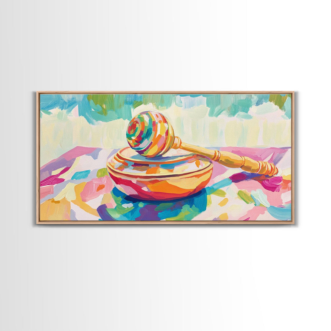 Rainbow Maraca On Painted Bowl Canvas Print, Colorful Music Room Wall Art, Whimsical Nursery Decor And Playroom Art Gift