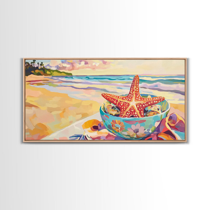 Red Starfish In Floral Bowl Beach Wall Art, Coastal Canvas Print, Ocean Decor, Beach House Gift For Her, Summer Seascape
